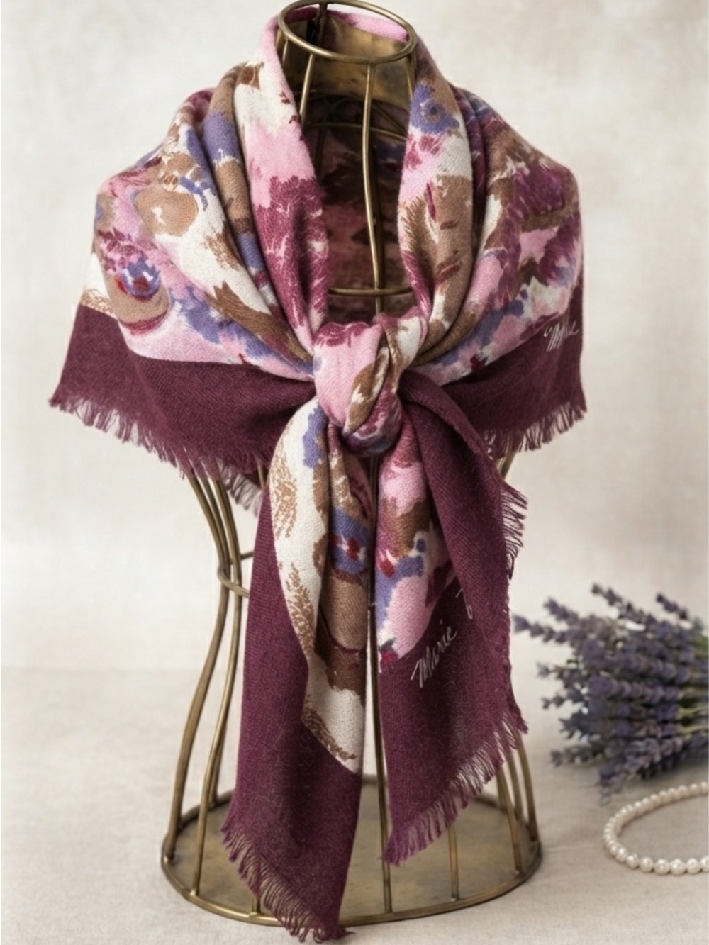Marie Michèle Lightweight Floral Wool Blend Scarf Wrap